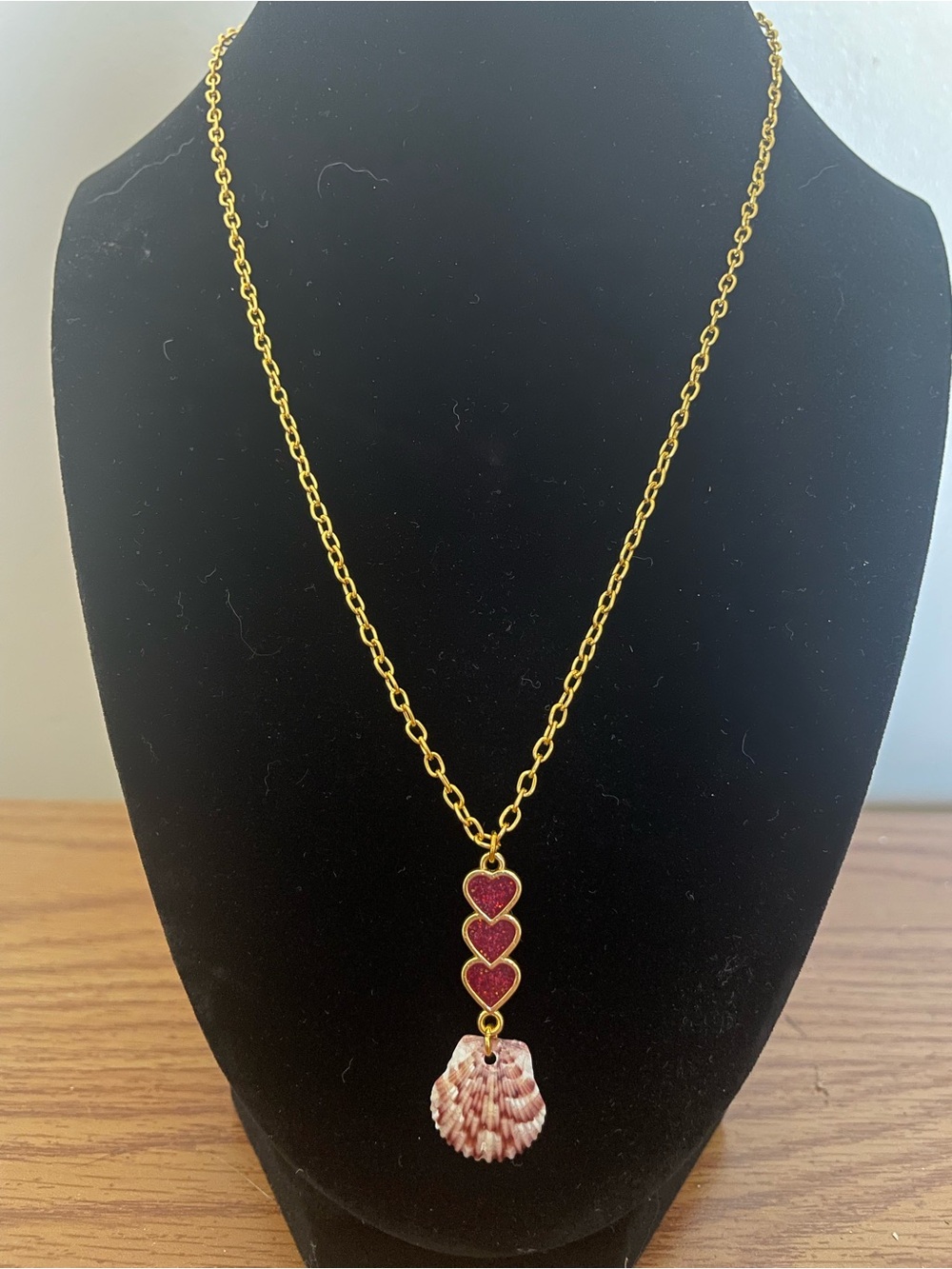 Gold Chain Necklace with Pink Heart Accents and Pink Shell Pendant